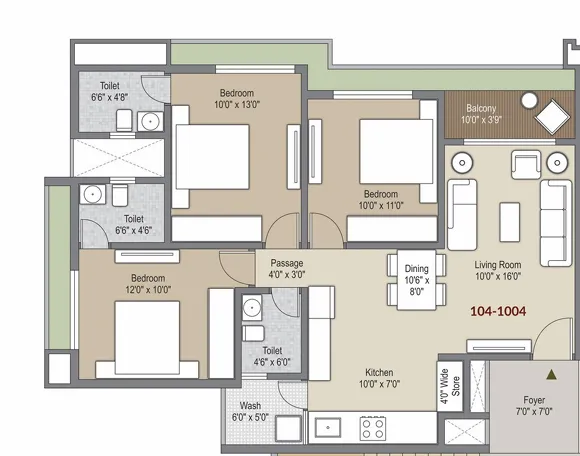 3 BHK Flat floor plan