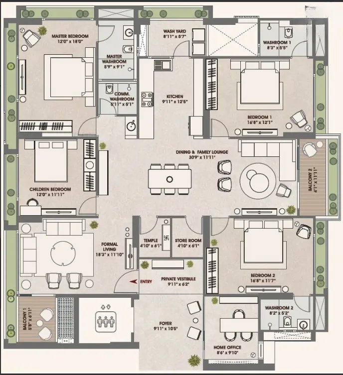 4 BHK Flat floor plan
