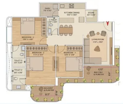 3 BHK Flat floor plan