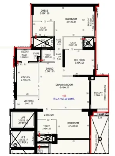 3 BHK Flat floor plan