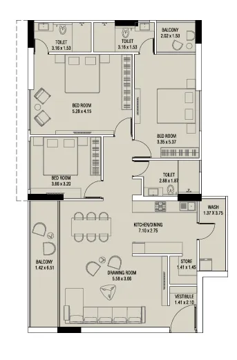 3 BHK Flat floor plan