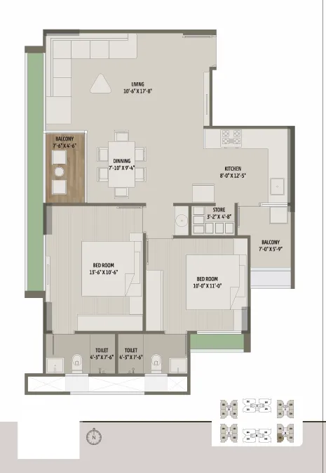 2 BHK Flat floor plan