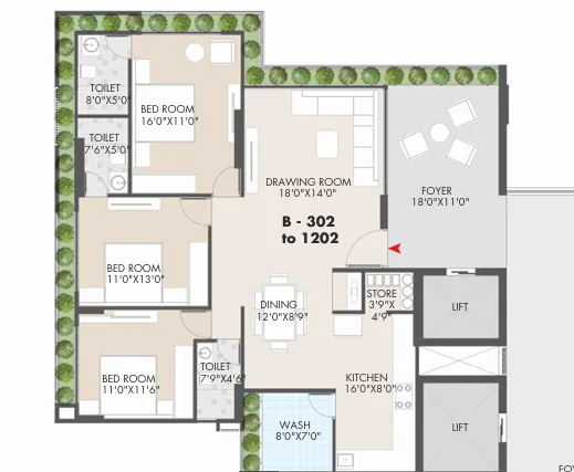 3 BHK Flat floor plan
