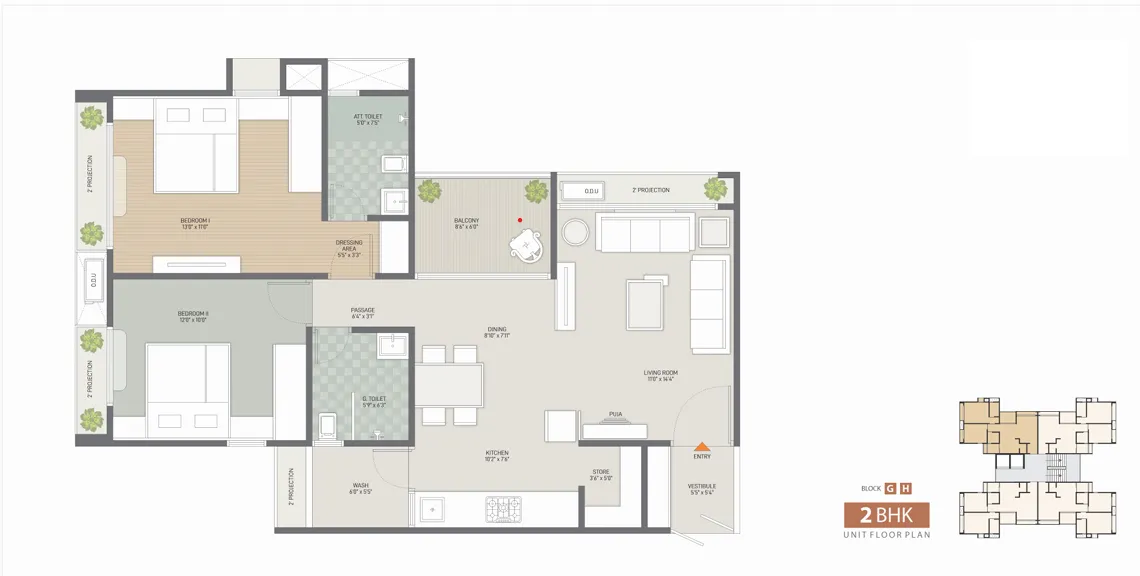 2 BHK Flat floor plan
