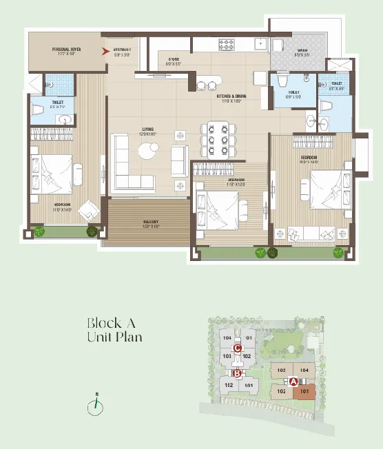 3 BHK Flat floor plan