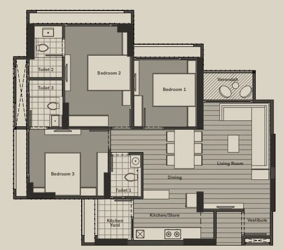 3 BHK Flat floor plan