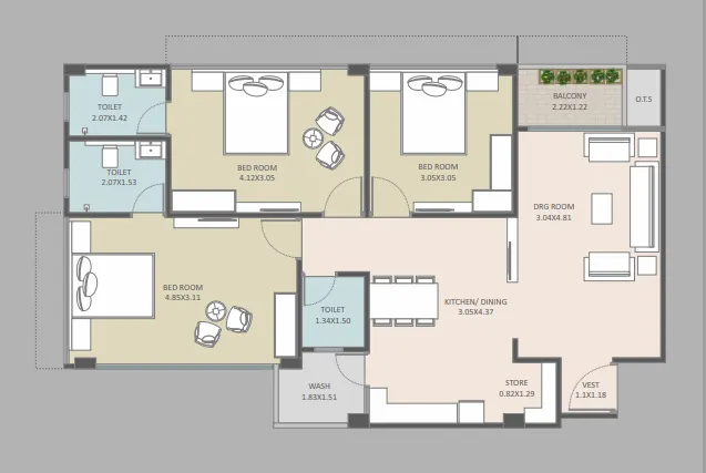 3 BHK Flat floor plan