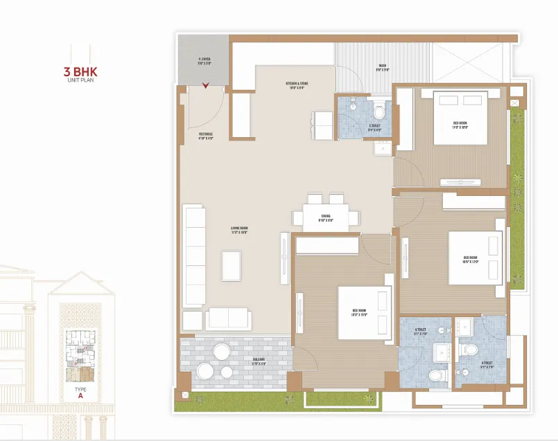 3 BHK Flat floor plan