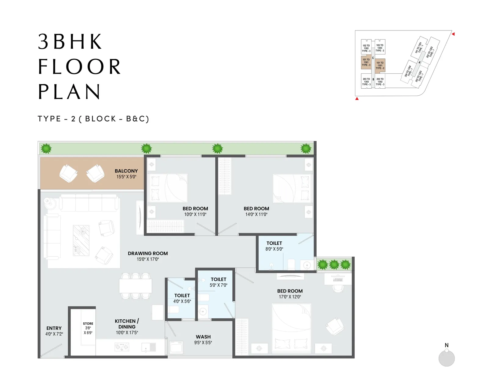 3 BHK Flat floor plan
