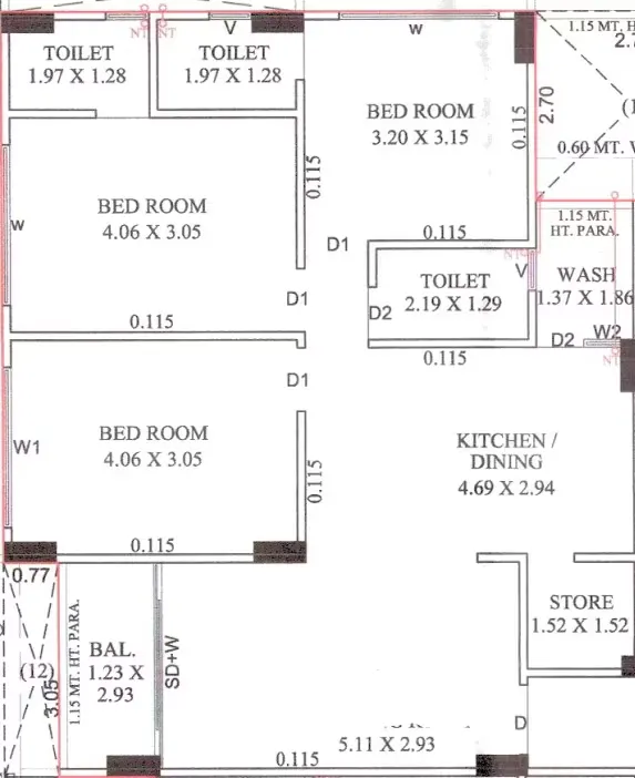 3 BHK Flat floor plan