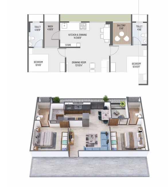 2 BHK Flat floor plan