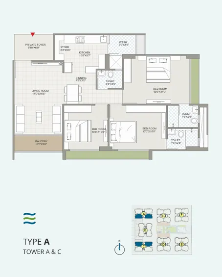 3 BHK Flat floor plan
