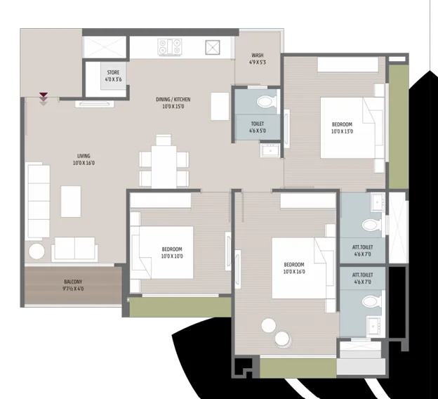 3 BHK Flat floor plan
