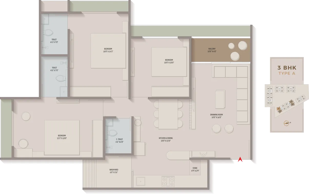 3 BHK Flat floor plan