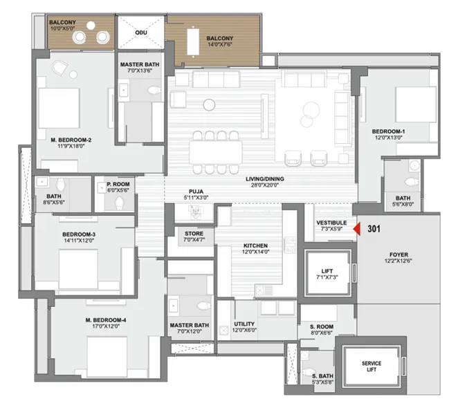 4 BHK Flat + Servant Room floor plan
