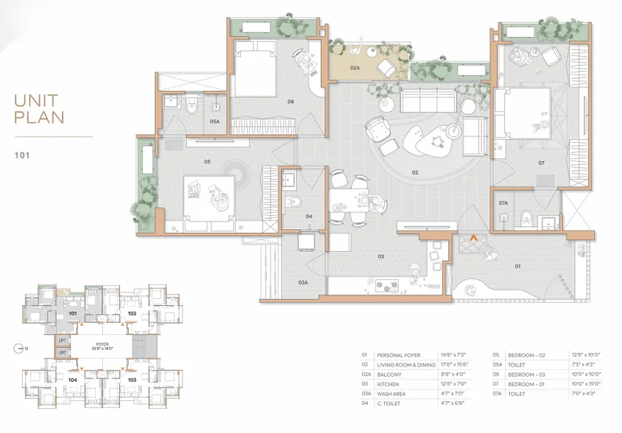 3 BHK Flat floor plan