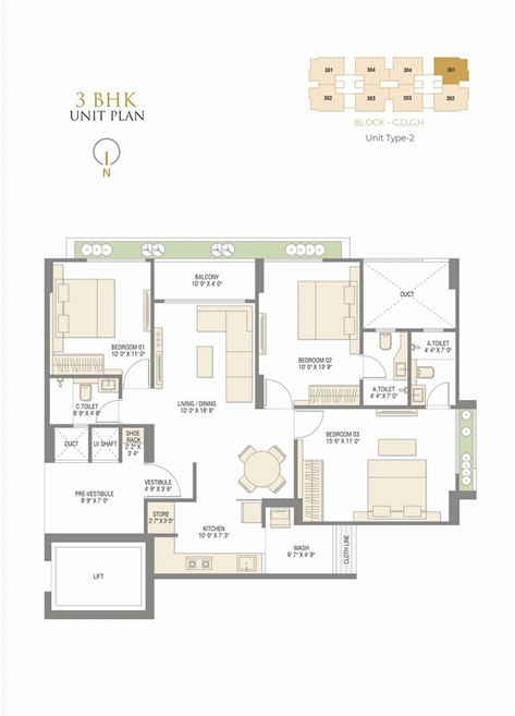 3 BHK Flat floor plan