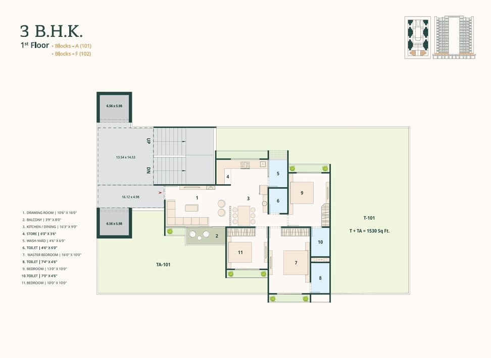 3 BHK Flat floor plan