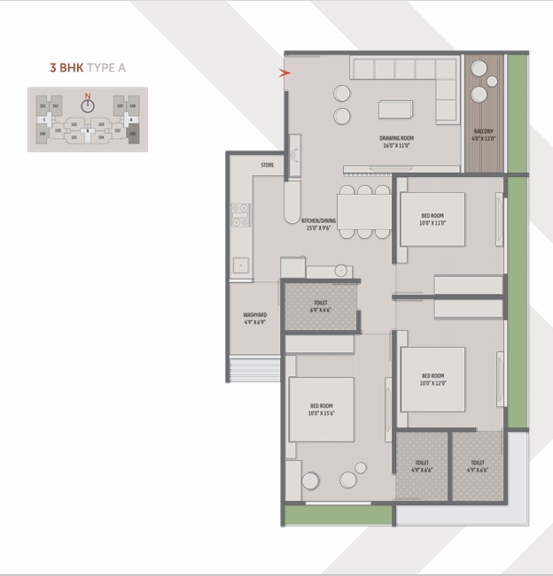 3 BHK Flat floor plan