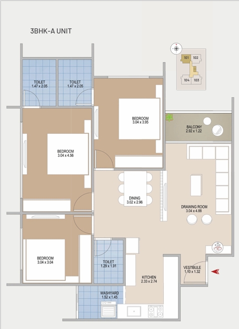 3 BHK Flat floor plan