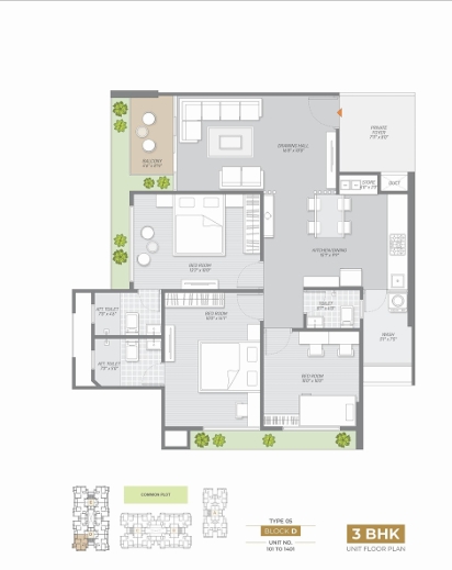 3 BHK Flat floor plan