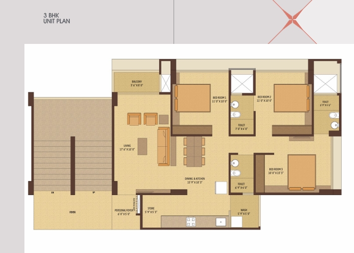 3 BHK Flat floor plan