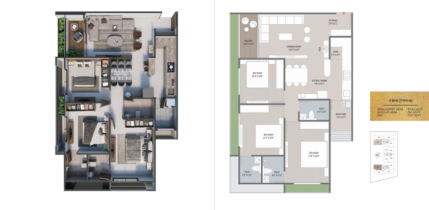 3 BHK Flat floor plan