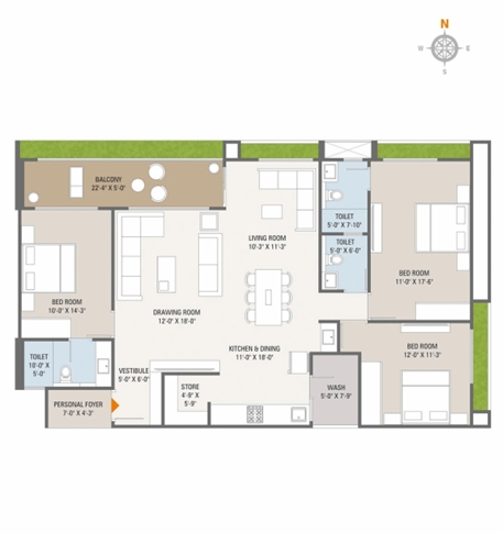3 BHK Flat floor plan