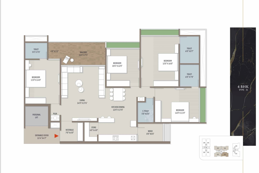 4 BHK Flat floor plan