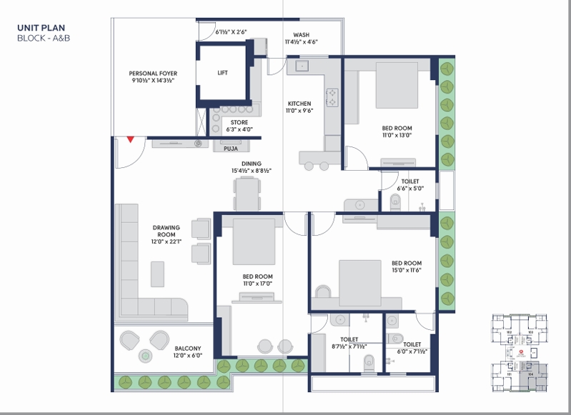 3 BHK Flat floor plan