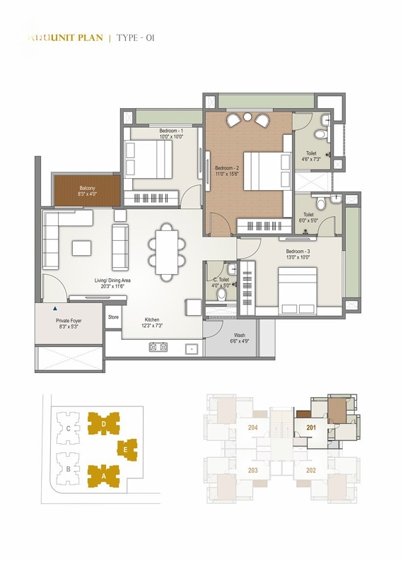 3 BHK Flat floor plan