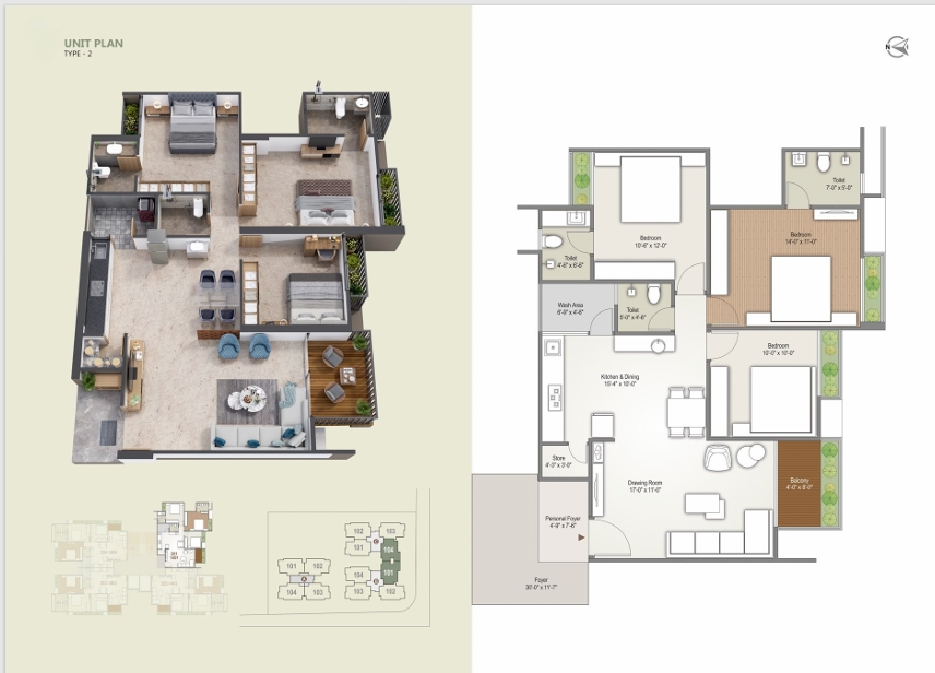 3 BHK Flat floor plan