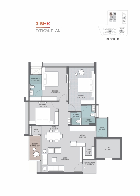 3 BHK Flat floor plan