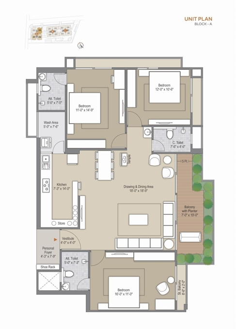 3 BHK Flat floor plan