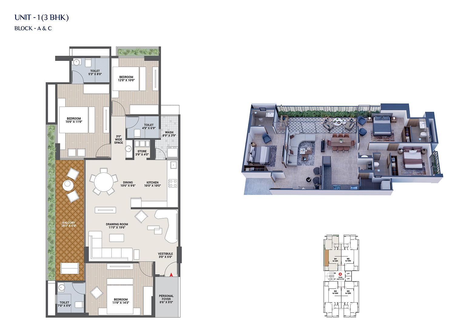 3 BHK Flat floor plan