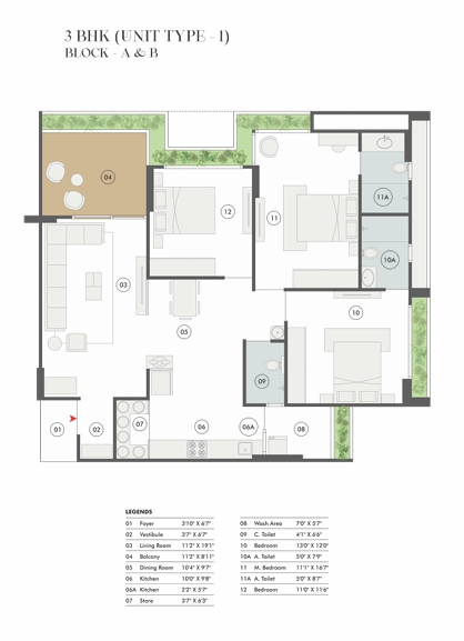 3 BHK Flat floor plan