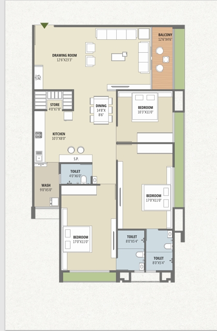 3 BHK Flat floor plan
