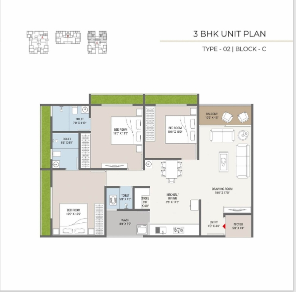 3 BHK Flat floor plan
