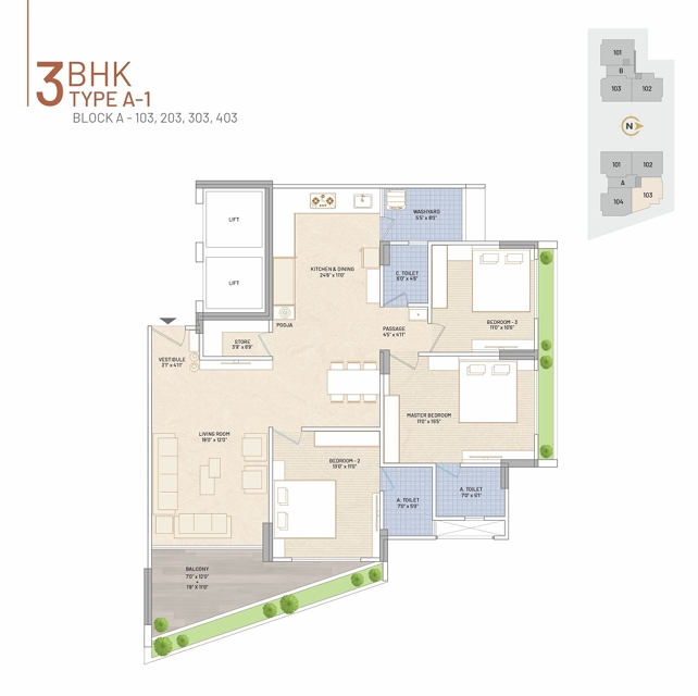 3 BHK Flat floor plan