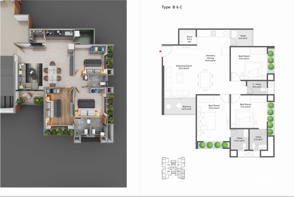 3 BHK Flat floor plan