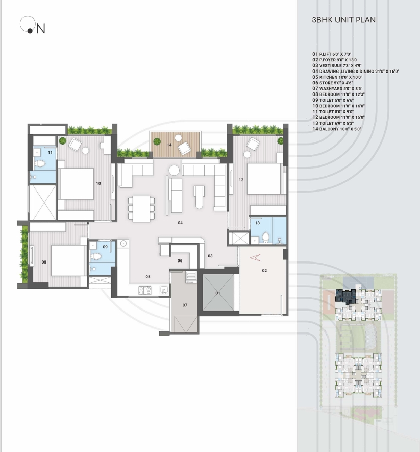 3 BHK Flat floor plan