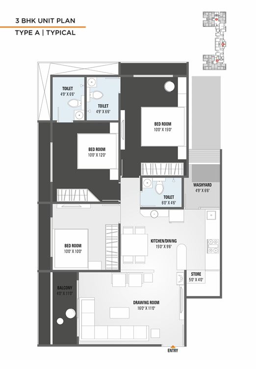 3 BHK Flat floor plan