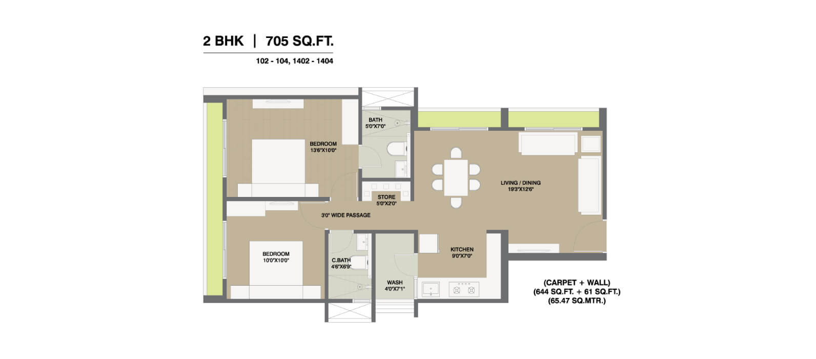 2 BHK Flat floor plan