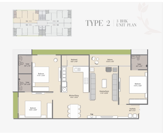 3 BHK Flat floor plan