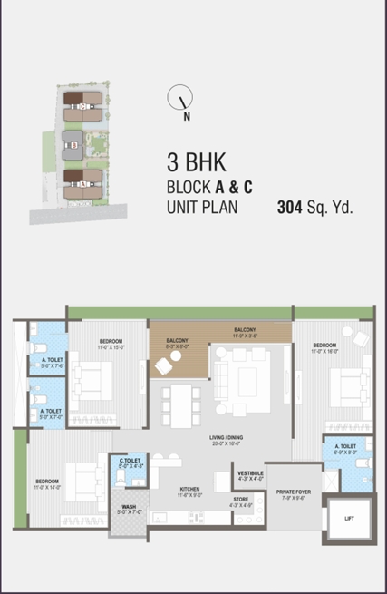 3 BHK Flat floor plan