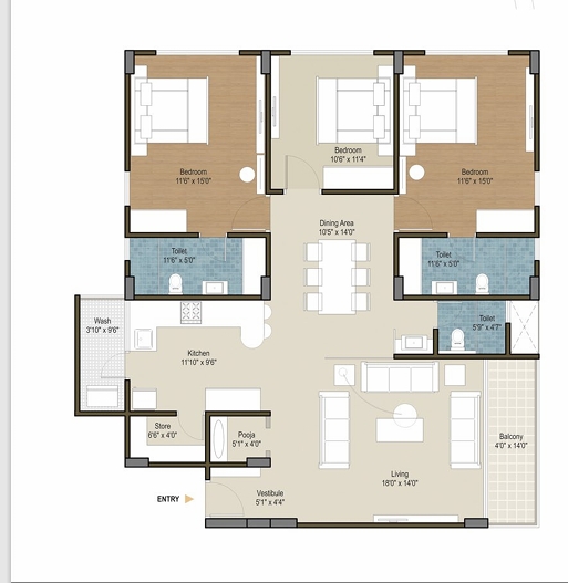 3 BHK Flat floor plan