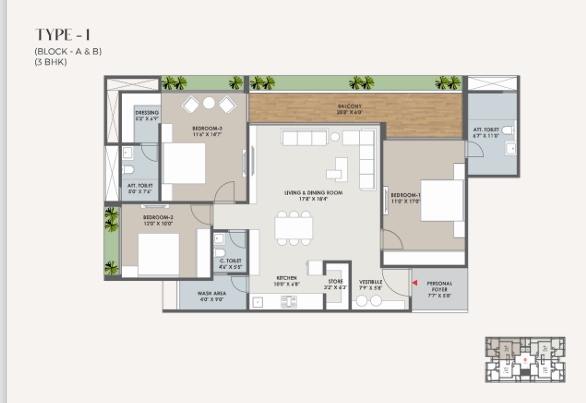 3 BHK Flat floor plan