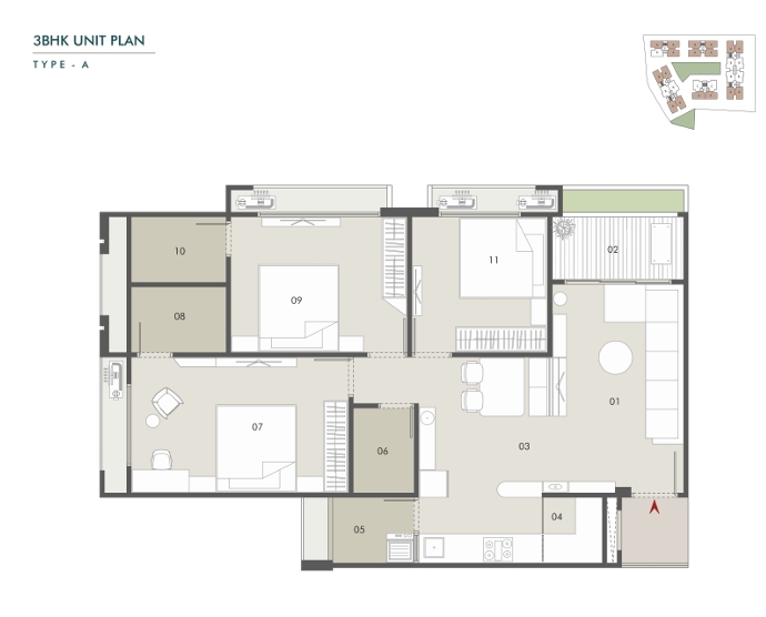 3 BHK Flat floor plan