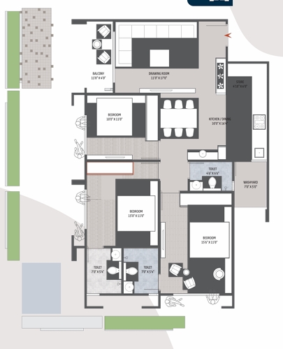3 BHK Flat floor plan