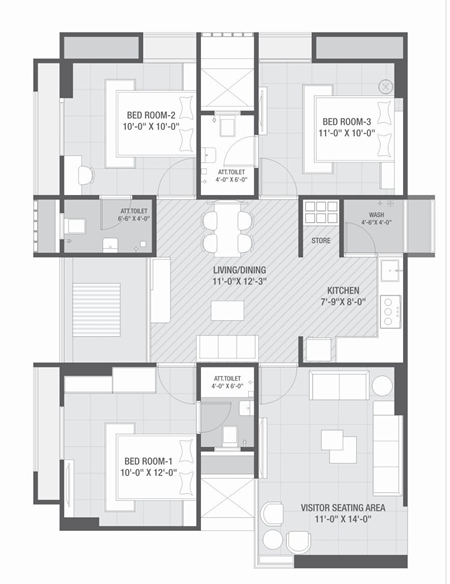 3 BHK Flat floor plan